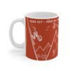 orange sign out skiers mug with happy skiers and cool quote