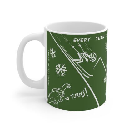 green ceramic mug with fun skiers print