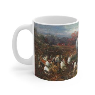 a white "Out with the Hounds Ceramic Mug. An English landscape with hunting motif.