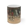 ceramic mug with riders, horses, and dogs getting ready