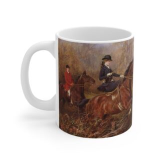 a ceramic mug with a Victorian lady jumping her horse