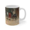 ceramic manor mug with horses and riders getting ready for the hunt.