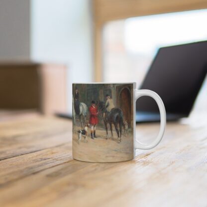 ceramic manor mug with horses and riders getting ready, mockup