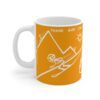 Yellow ceramic mug , tea or coffee with happy alpine snowboarder print