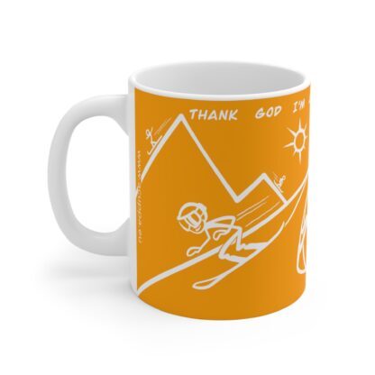 Yellow ceramic mug , tea or coffee with happy alpine snowboarder print