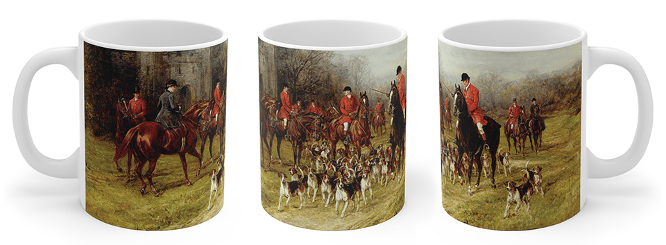 White ceramic mugs with classic Victorian hunting motifs. Beautiful gifts. Microwave safe.