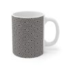 Cosmic contours ceramic mug. A classic white every day mug with black geometric pattern.