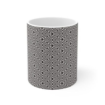 Cosmic Contours white ceramic cup with black sublimation print.