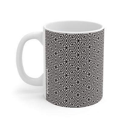 Cosmic Contours porcelain mug. A classic white every day mug with black geometric pattern a brilliant give away.