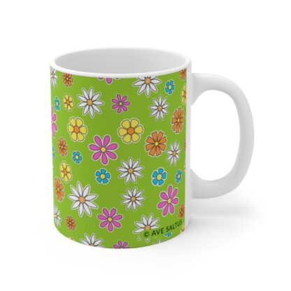 Daisy lime green Ceramic Cup with floral print handle right.