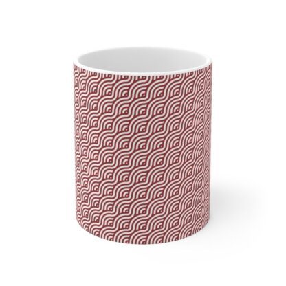 Infinite Elegance white ceramic cup with red sublimation print.