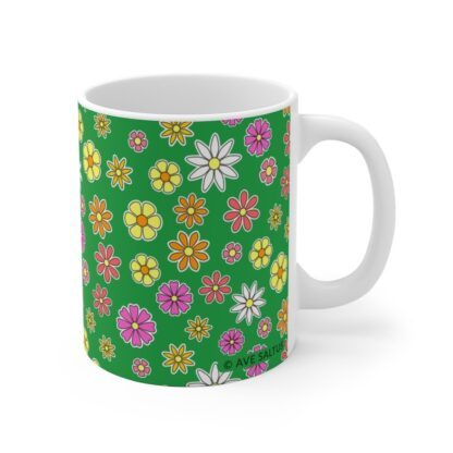 Primrose green Ceramic Cup with floral print handle right.