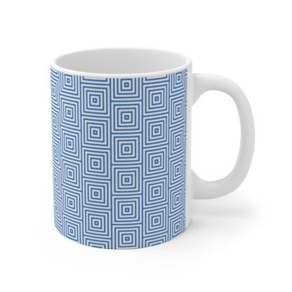 Symmetric Serenity Mug. A classic white every day mug with blue geometric pattern an eye catching yet calm collection of mugs for your studio.