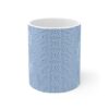 Symmetric serenity white ceramic cup with blue sublimation print.