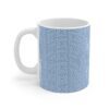 Symmetric Serenity mug. A classic white every day mug with blue geometric pattern an eye catching give away.