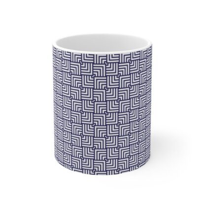 Timeless Tesselation white ceramic cup with blue sublimation print.