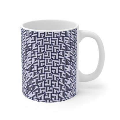 Timeless Tessellation Mug. A classic white every day mug with blue geometric pattern a stylish collection for your office.