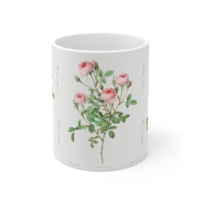 A chique powder pink rose Double Blush on a white porcelain cup - front view