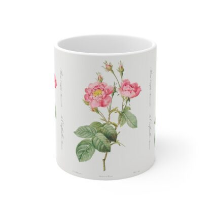 A graceful pink Marie Antoinette Rose on a white porcelain tea mug front view