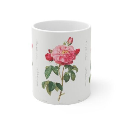 A decorative Rosa Damascena on a white porcelain cup front view