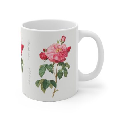 A decorative Rosa Damascena on a white porcelain cup handle right