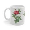 A sophisticated red Rosa Gallica on a white porcelain cup handle left