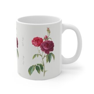 A delightful Rosa Gallica Tuscany rose on a white porcelain cup - handle right