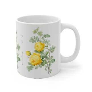 A yellow Rosa Hemisphaerica rose on a white porcelain cup handle right