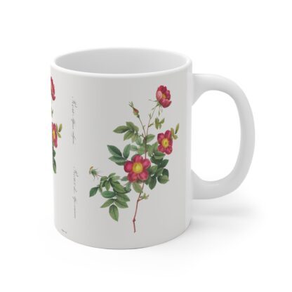 A stylish red Alpine Rose on a white porcelain cup - handle right