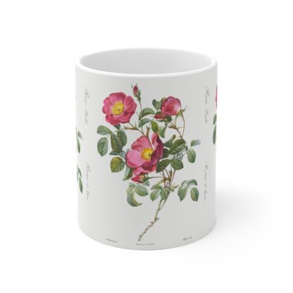 An appealing red Pimpinellifolia rose on a white porcelain cup - front view